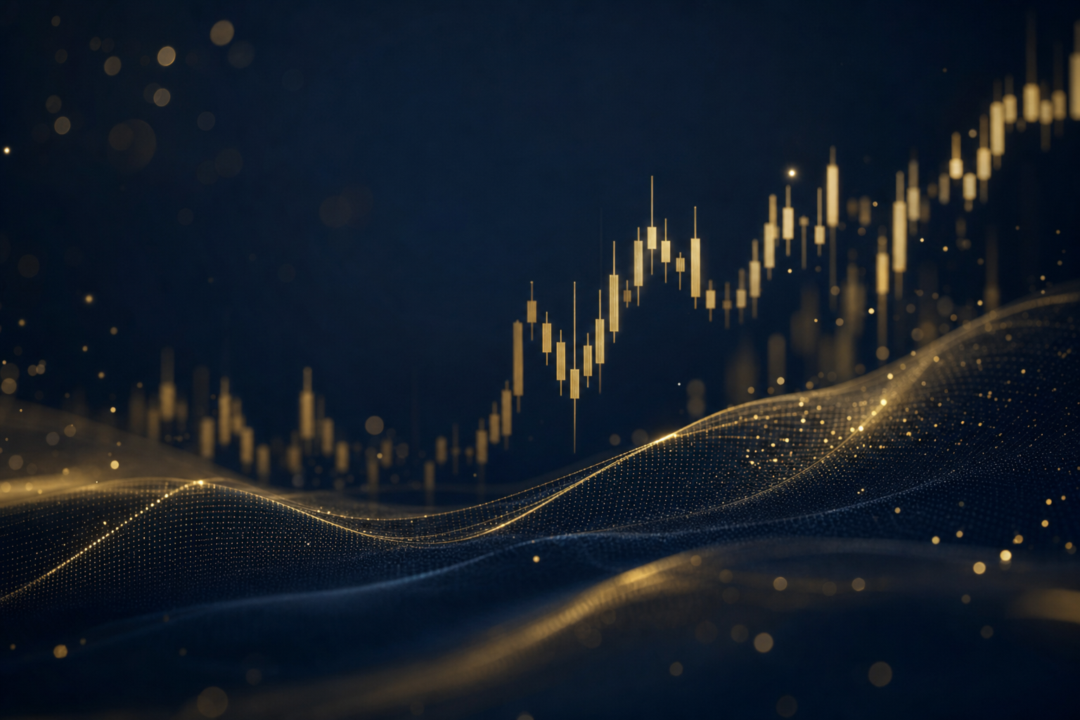 Visualización de mercados financieros con velas sobre fondo oscuro